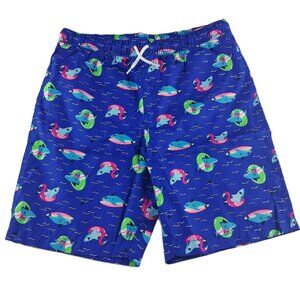 Lands' End Printed Swim Trunks Boys Size XL Husky Electric Blue Funny Sharks